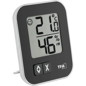 Digitales Thermo-Hygrometer Moxx von TFA, schwarz, mit Anzeige von Temperatur, Luftfeuchtigkeit und Komfortzone.