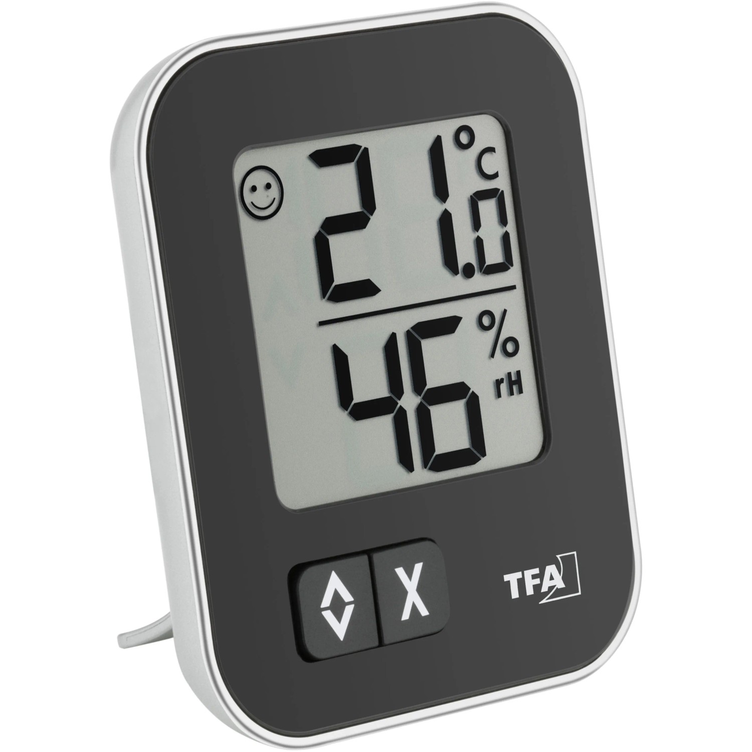 Digitales Thermo-Hygrometer Moxx von TFA, schwarz, mit Anzeige von Temperatur, Luftfeuchtigkeit und Komfortzone.