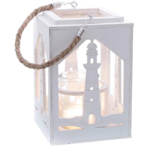 Weißes Windlicht Prisme 22x16x16 cm mit Glas und Jutekordel, Leuchtturm-Motiv.