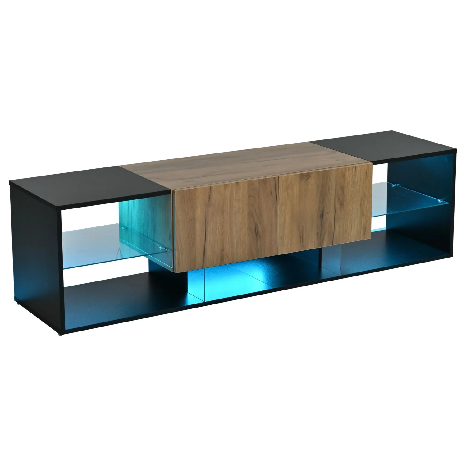 okwish TV Schrank mit Glas Schubladen Stauraum Wohnzimmer Schlafzimmer 160x40x42cm Natur