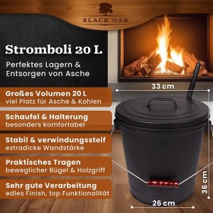 BLACK OAK Ascheeimer STROMBOLI 20L mit Deckel und Schaufel. Metall Aschebehälter für Kamin und Grill.