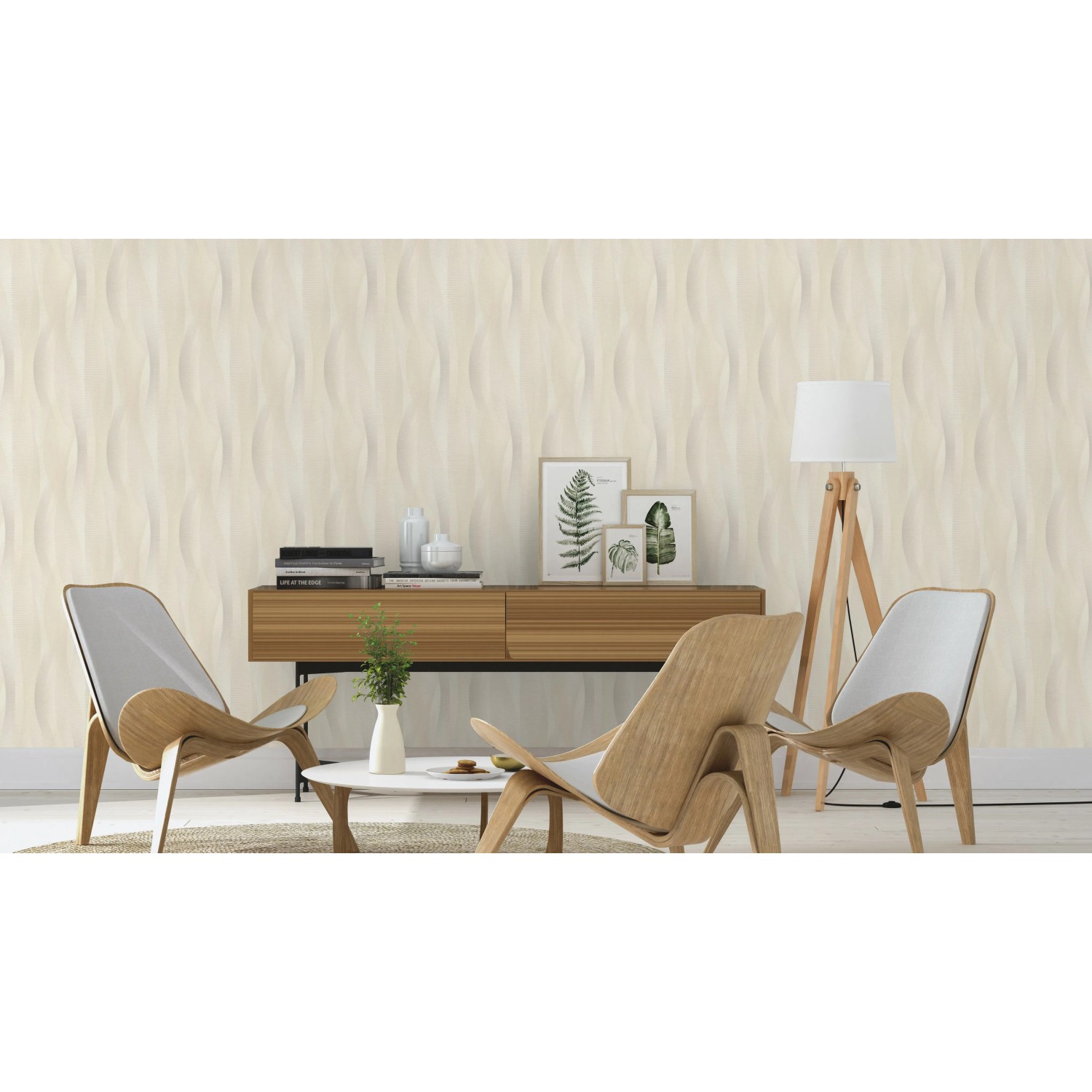 Beige Vliestapete mit Wellenmuster im Wohnraum, Rasch Tapetenwechsel II 651515, 10,05x0,53m.
