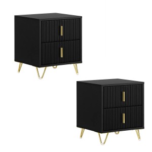 2er Set schwarze Nachttische mit 2 Schubladen und goldenen Griffen, 40x47x40cm.