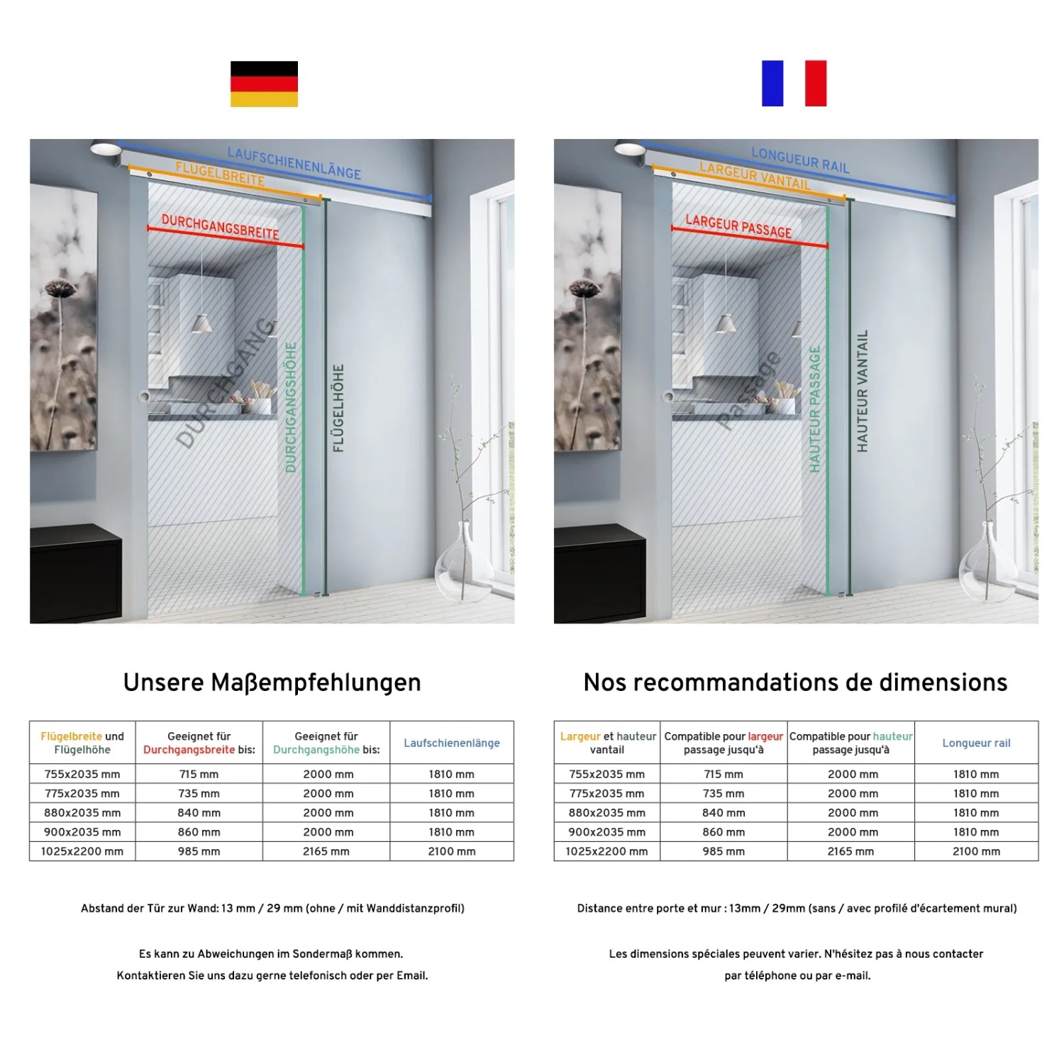 inova Glasschiebetür Klar mit schwarzen Streifen und Maßangaben.