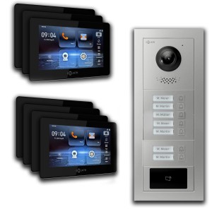Goliath IP Video Türsprechanlage für 7 Familien mit RFID, App, 7 Zoll Monitoren und Unterputz Außenstation.