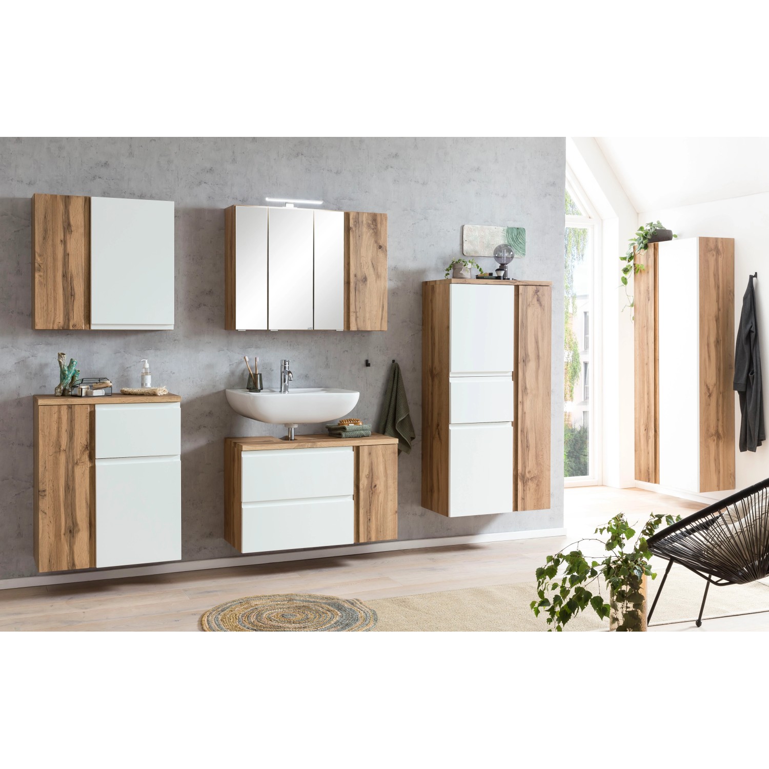 Held Möbel Hängeschrank Ancona, 65 cm, matt Weiß-Wotaneiche, Teil eines Badmöbel-Sets.