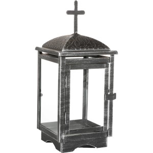 Schwarze FlowerPower Grablaterne Rubi aus Metall mit Kreuz als Grabdekoration.