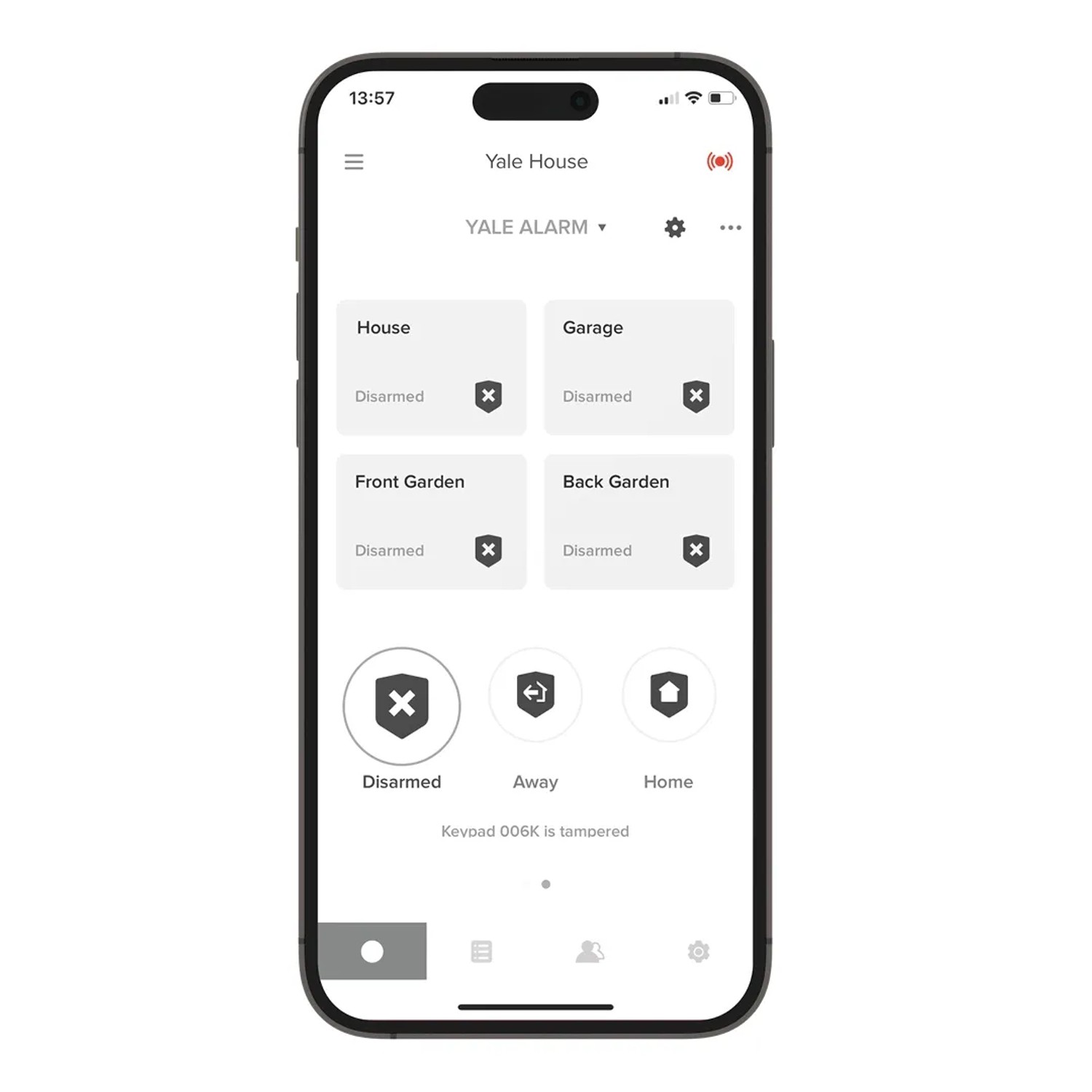 Smartphone mit Yale Alarmanlagen App: Haus, Garage, Garten gesichert.