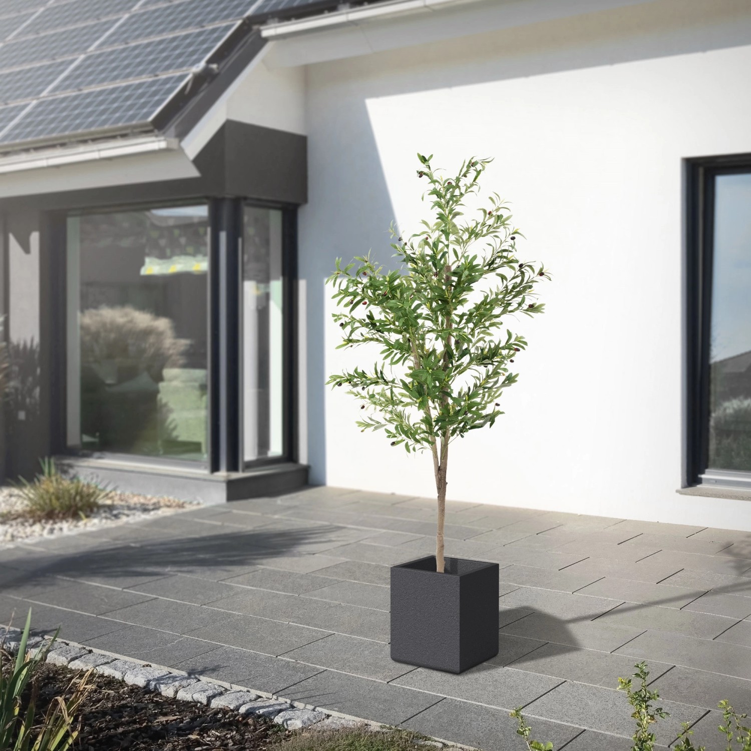 ML-Design künstlicher Olivenbaum, 180 cm, mit Topf und Echtholzstamm für Innen- und Außenbereich.
