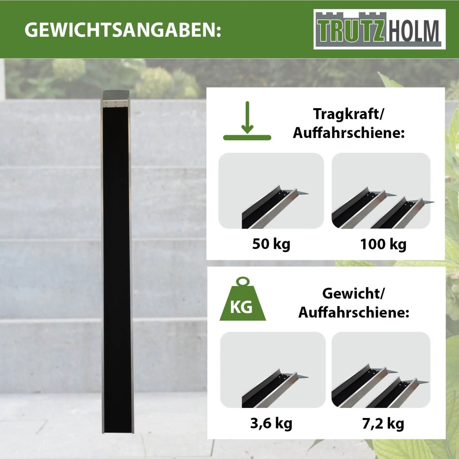 TRUTZHOLM Alu Auffahrschiene mit Gewichts- und Traglastangaben: 3,6 kg Gewicht, 50 kg Traglast pro Schiene.