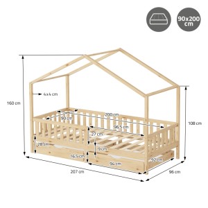 ML-Design Hausbett 90x200 cm, Kiefer natur mit 2 Schubladen, Maße