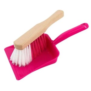 Galaflor Kehrset für Kinder: pinkes Kehrblech, Handfeger mit Holzgriff und pink-weißen Borsten aus Kunststoff.
