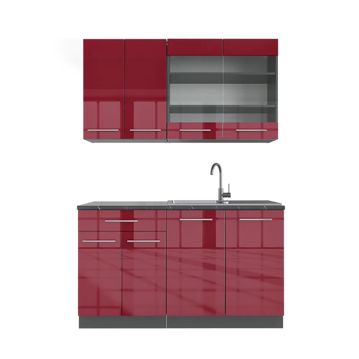 Vicco Fame-Line Singleküche Bordeaux Hochglanz Anthrazit 140 cm AP Anthrazit ohne E-Geräte