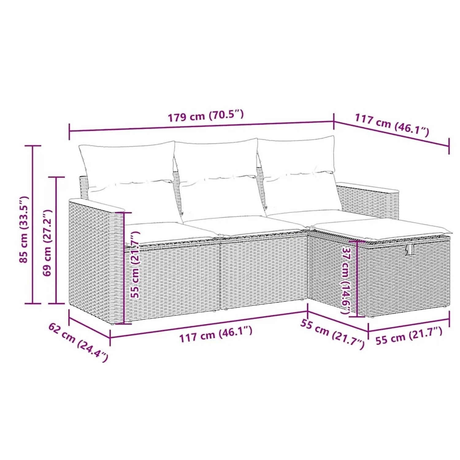 vidaXL 4-Tlg. Garten-Sofagarnitur aus grauem Rattan mit Kissen, Maße eingezeichnet.