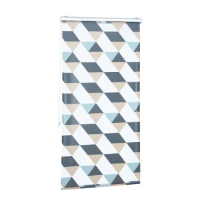 Relaxdays Duschrollo 80x240cm mit Dreiecken in Grau, Blau und Beige.