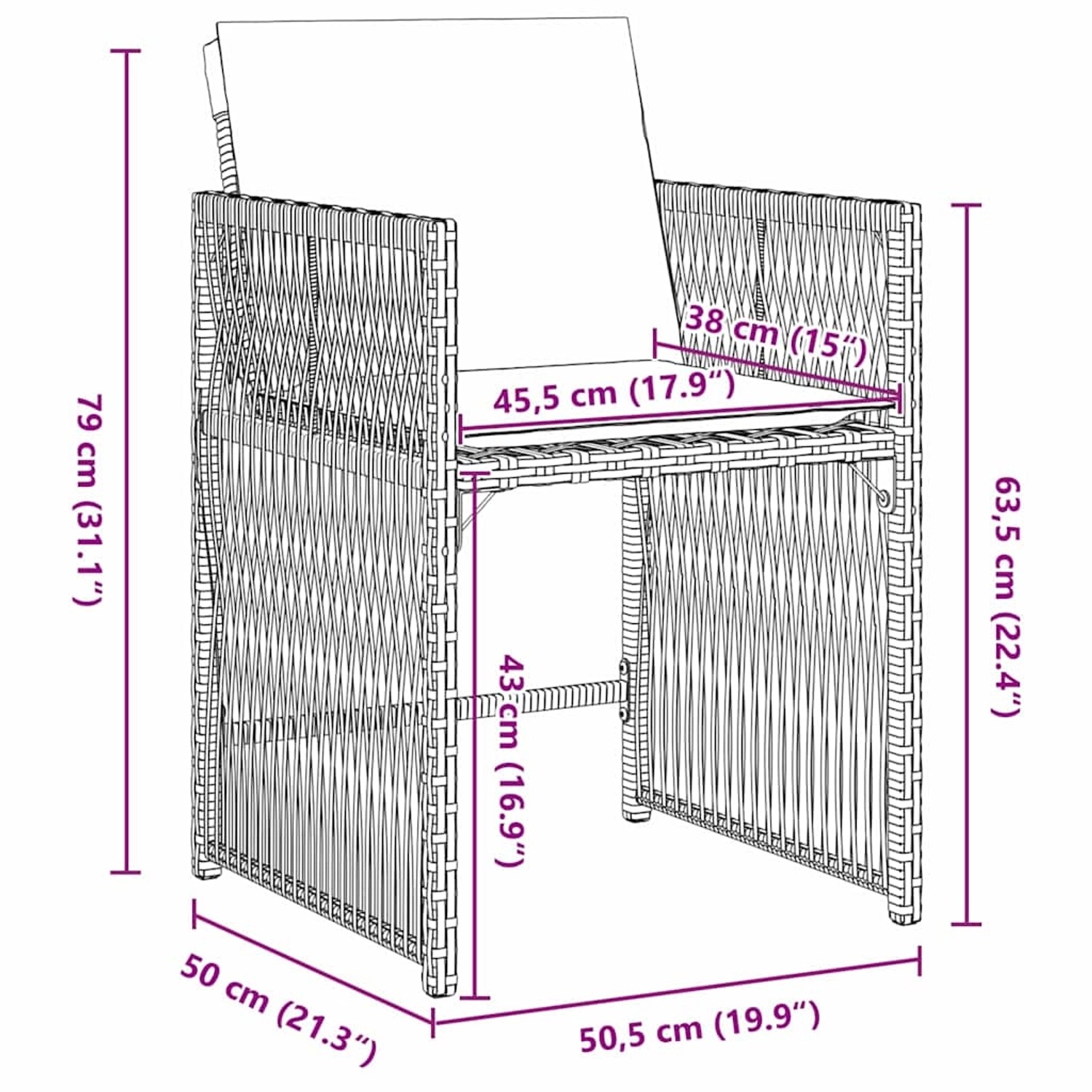 vidaXL Garten Essgruppe, 5-tlg, grau, Poly Rattan. Detailansicht Stuhl mit Maßen.
