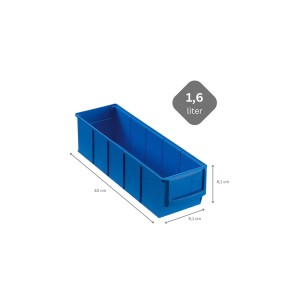 Blaue PROREGAL Industriebox 300 S, 1,6 Liter, für Aufbewahrungssysteme. Sortimentskasten mit Maßangaben.