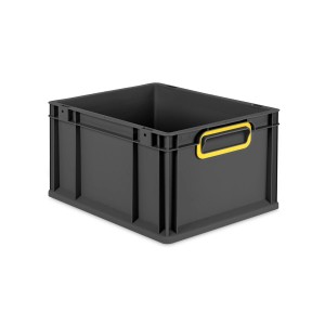 Schwarze PROREGAL Eurobox 20L mit gelben Griffen, geschlossen. Transportbox, Aufbewahrungsbox.