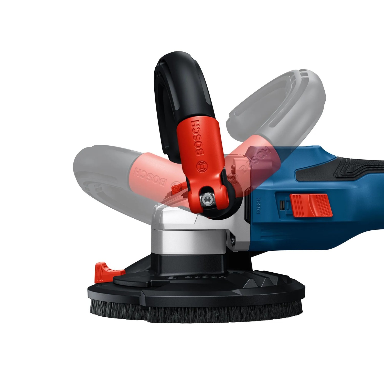 Bosch Professional GBR 18V-15 S Akku-Betonschleifer mit drehbarem Handgriff und Absaughaube.