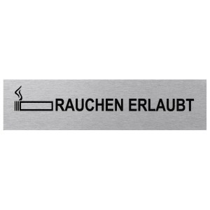 Selbstklebendes Hinweisschild „Rauchen erlaubt“ in Edelstahloptik.