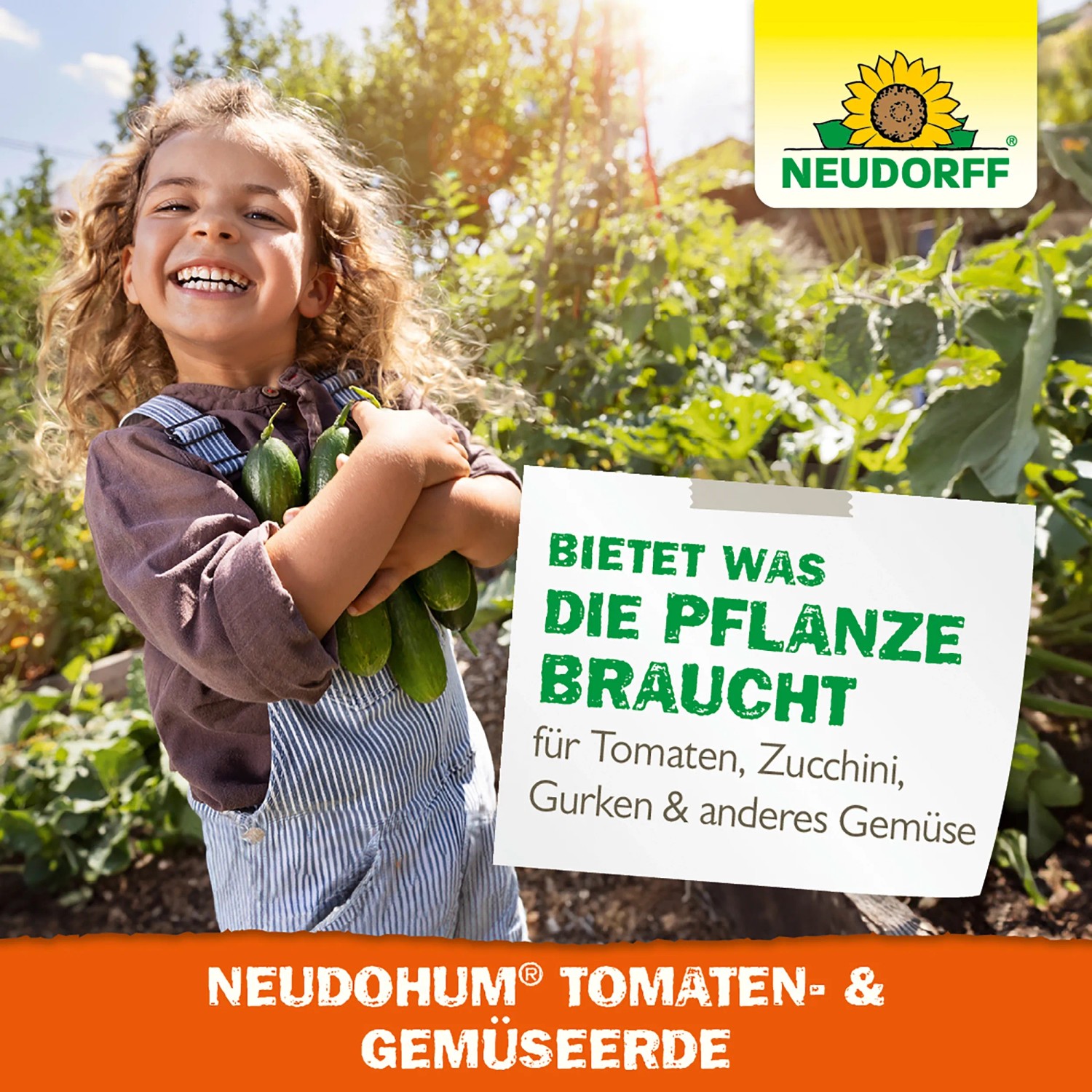 Kind mit Zucchini im Garten, Neudorff Neudohum Tomaten- und Gemüseerde im Vordergrund.