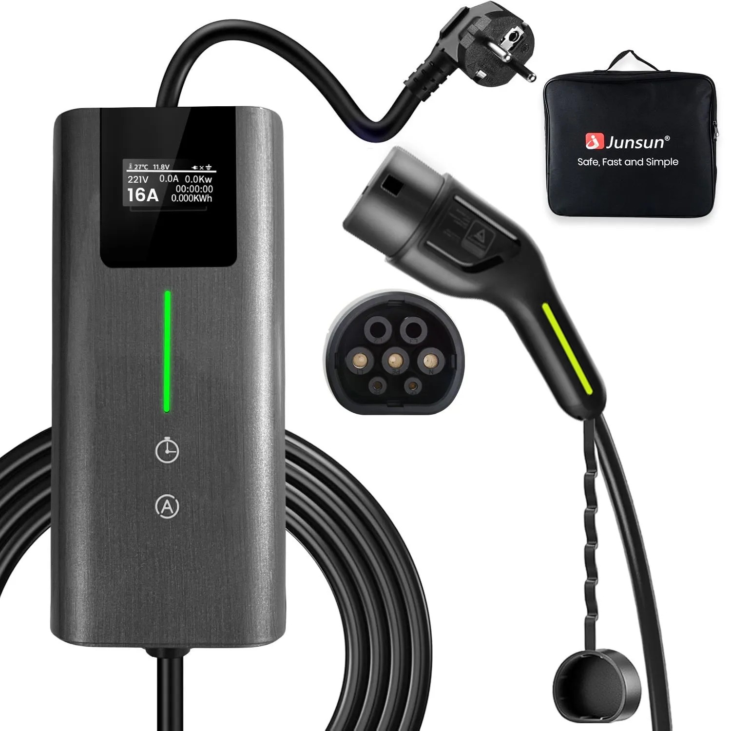 Junsun EV Ladegerät 3.5 kW Typ 2 - 5 m Kabel 1-phasig 6-16 A Einstellbar