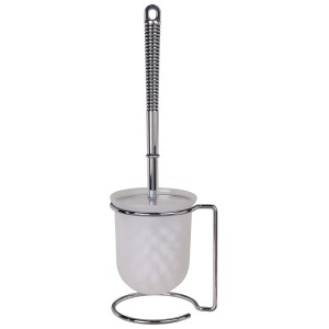 Verchromte WC-Bürstengarnitur mit weißem Kunststoffbehälter und Halterung.