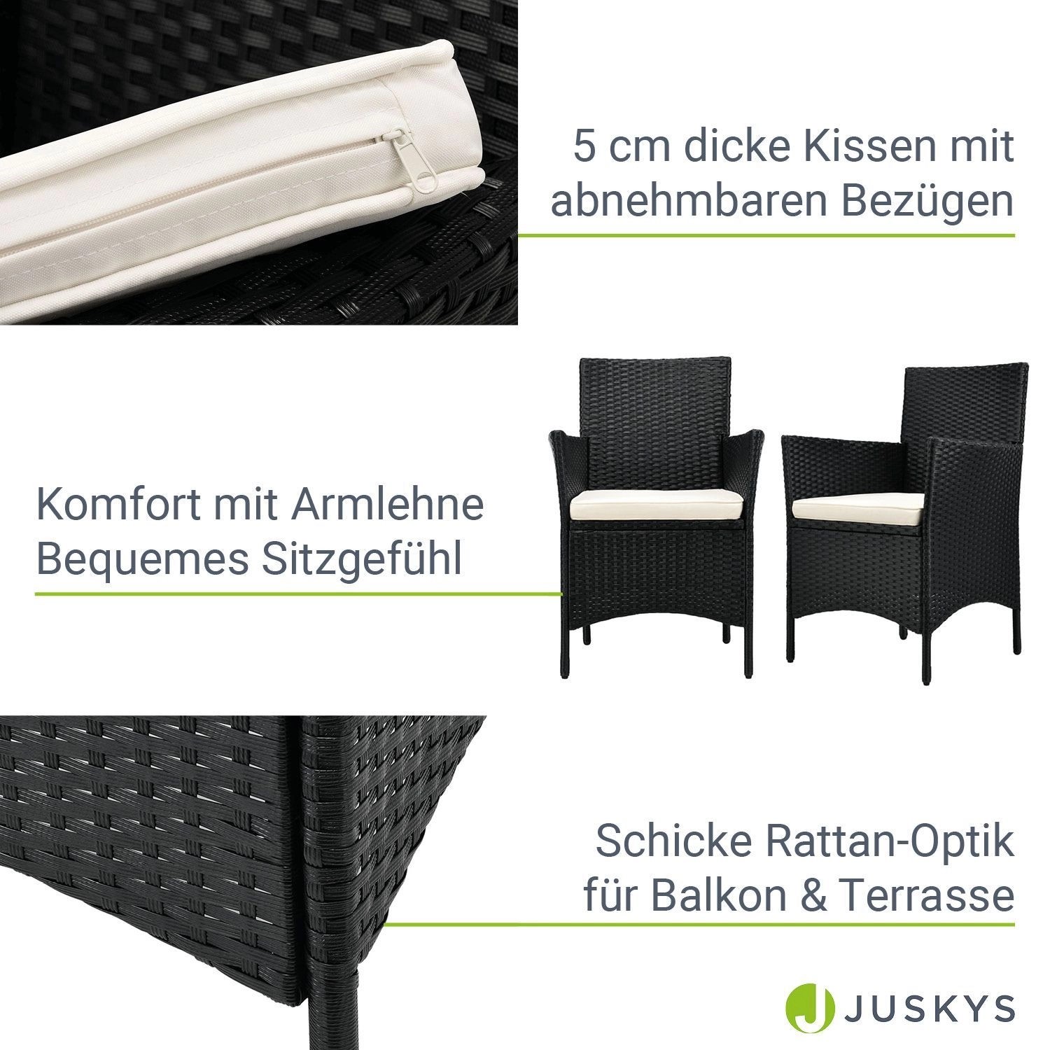 Juskys Balkonmöbel Set Bayamo: 2 schwarze Polyrattan Stühle mit beigen Kissen und Tisch.