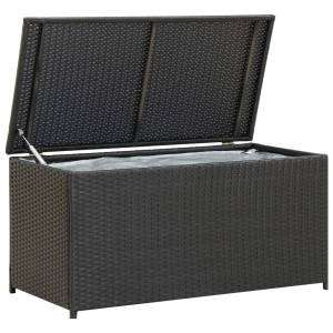 Schwarze furnicato Gartenbox aus Poly Rattan, 100x50x50 cm, mit geöffnetem Deckel.