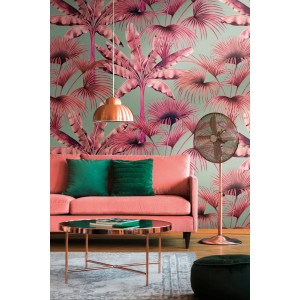 A.S. Creation Fototapete Palmenblätter in Pink und Grün im Wohnraum.