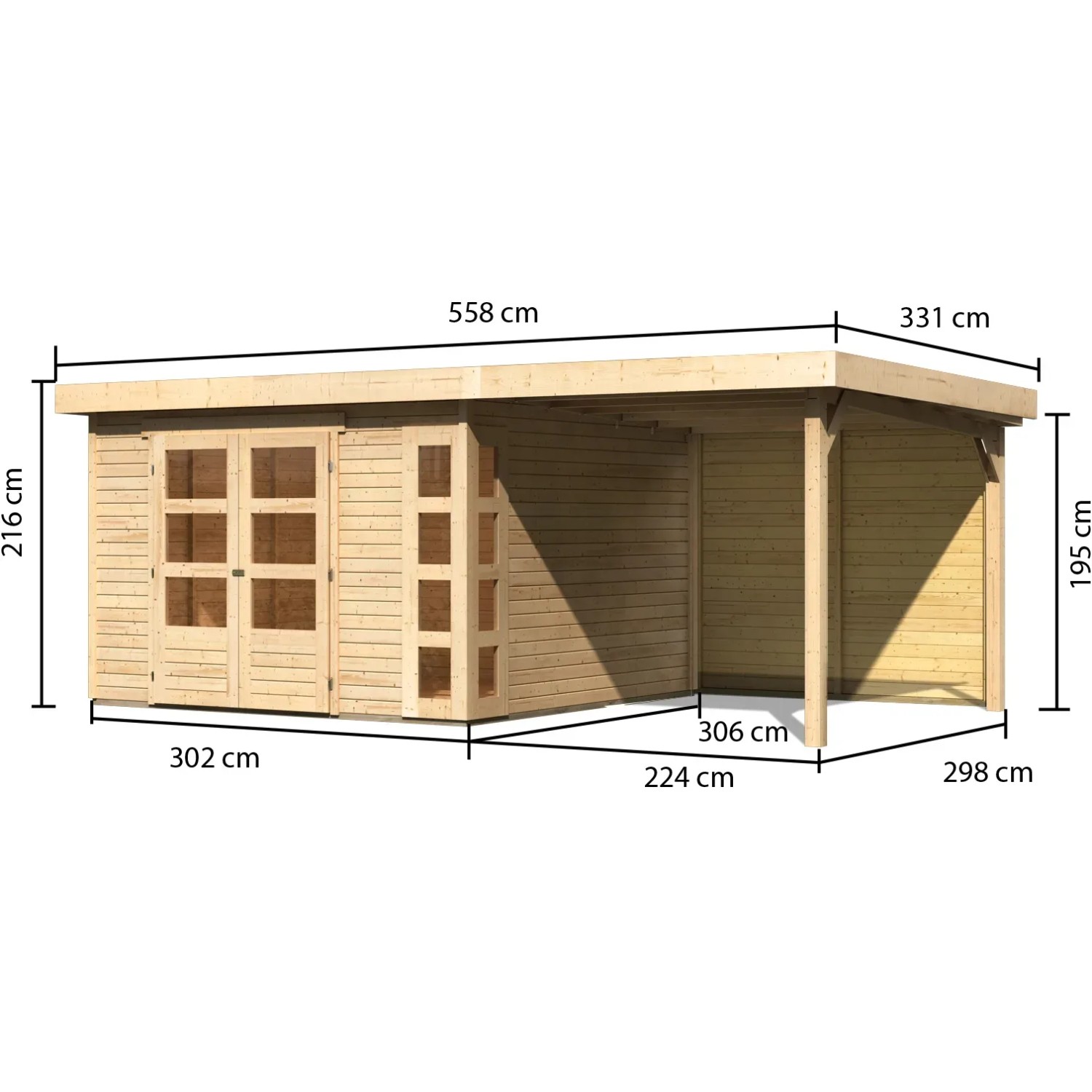 Karibu Gartenhaus Sölve 6 naturbelassen mit Anbaudach, Maße: 302x306 cm.