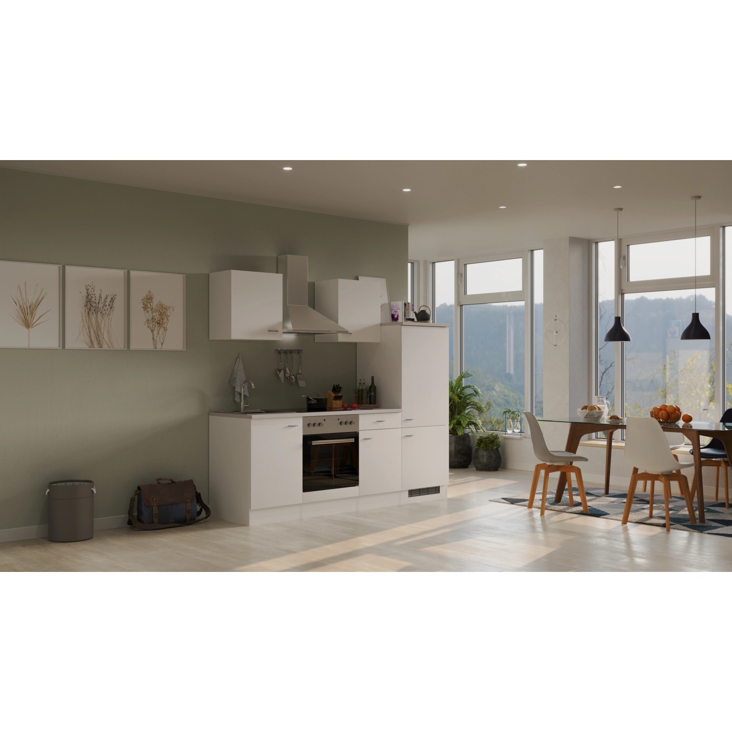 Weiße Flex-Well Küchenzeile Wito, 220 cm breit, mit E-Geräten und Spüle. Made in Germany.