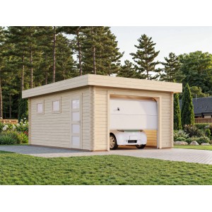 Palmako Holzgarage Rasmus mit Sektionaltor, naturbelassen, mit Auto. Fertiggarage aus Fichtenholz mit Fenster und Tür.