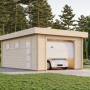 Palmako Holzgarage Rasmus mit Sektionaltor, naturbelassen, mit Auto. Fertiggarage aus Fichtenholz mit Fenster und Tür.