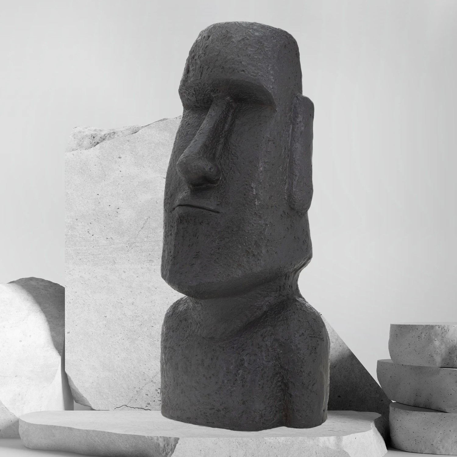 Anthrazitfarbene Moai Figur Rapa Nui (78cm) aus Steinguss für den Garten.