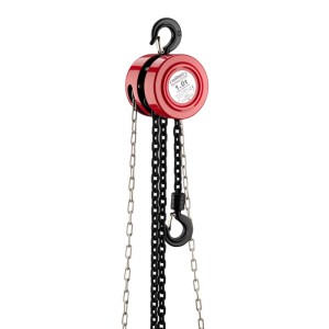 Roter Wiltec Kettenzug 1000kg aus Stahl mit schwarzen Ketten und Haken für Hebearbeiten.