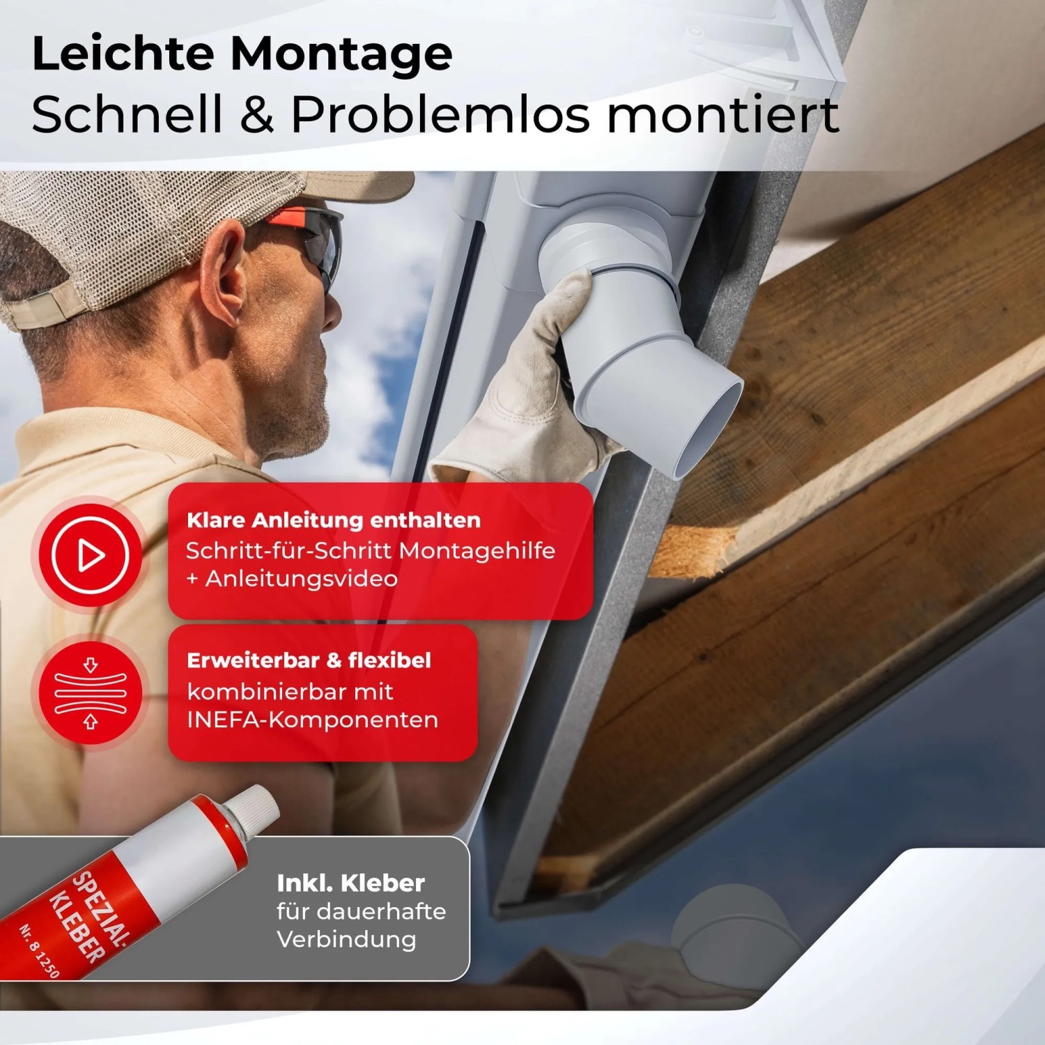 Montage einer weißen Inefa Dachrinne (Kastenrinne) mit Kleber. Dachentwässerung für Gartenhaus.