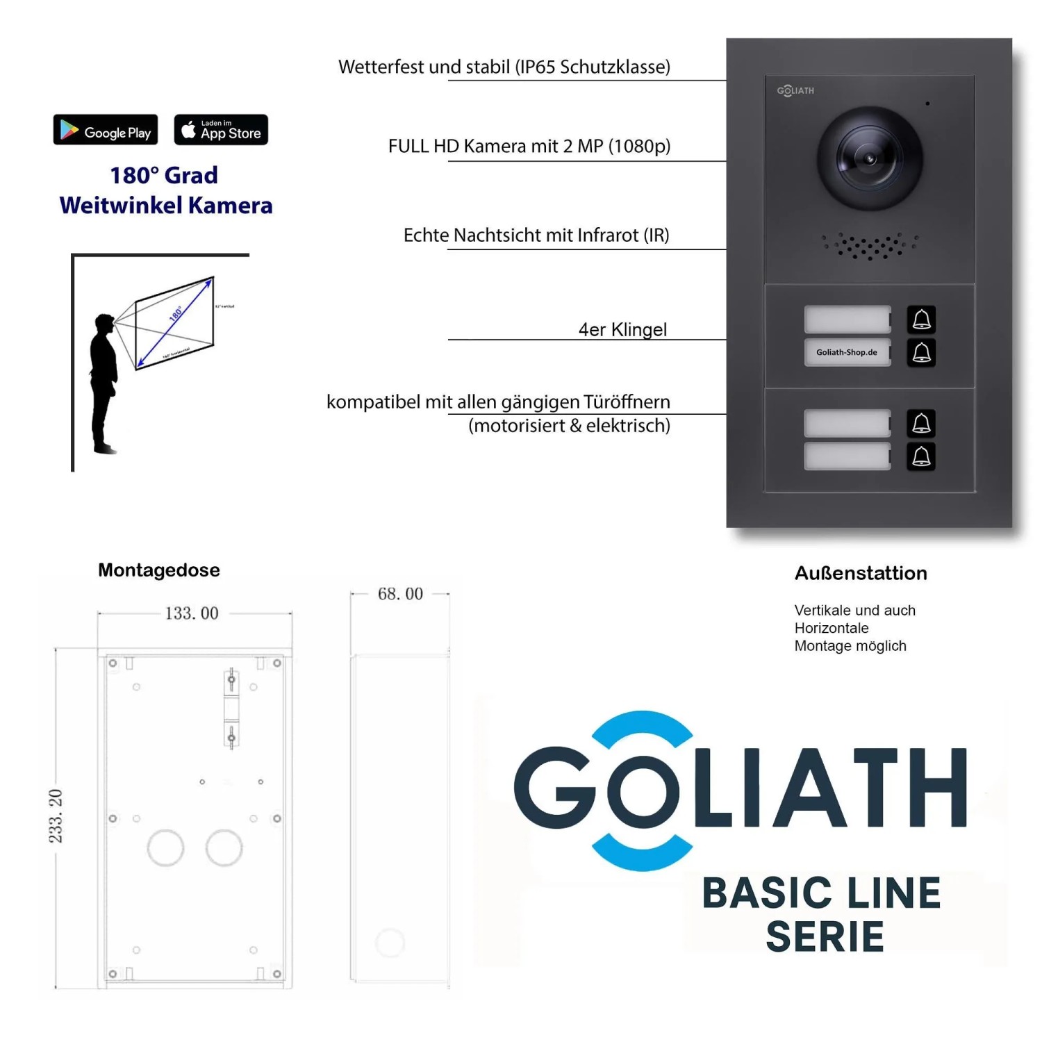 Goliath Basic Line 4-Familienhaus Video Türsprechanlage Monitor Weiß - Anthrazit Ausenstation Unterputzdose_3