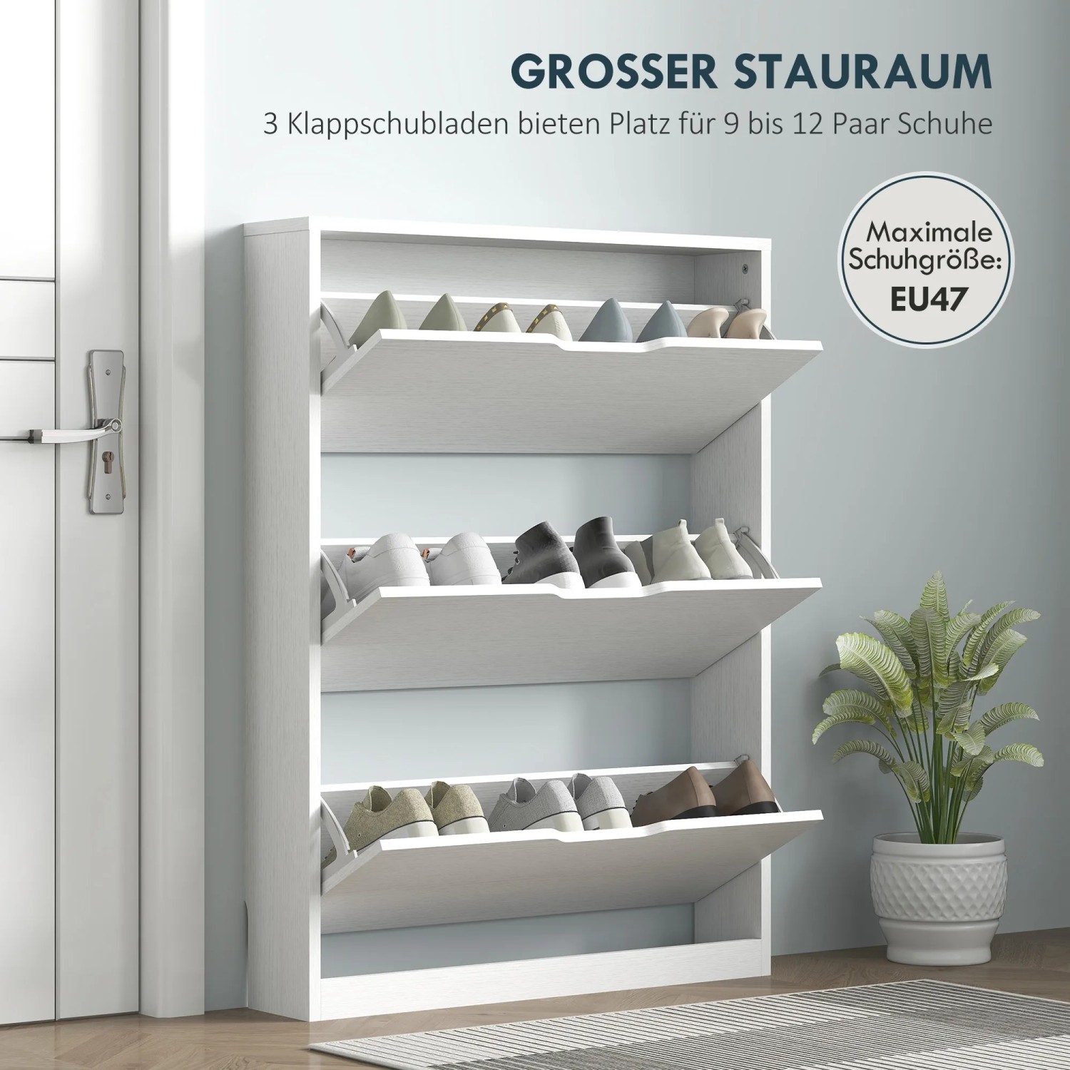 Weißer HOMCOM Schuhschrank mit drei Klappfächern für bis zu 12 Paar Schuhe.