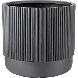 Dunkelgrauer Fiberglas Pflanzentopf, Ø 43 cm, gerippte Struktur, für Innen- und Außenbereich.