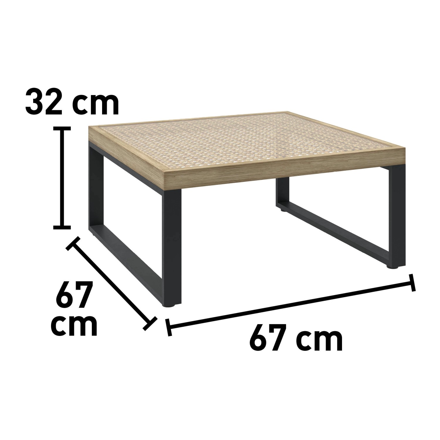 Quadratischer Calora Lounge-Tisch mit Rattangeflecht und schwarzem Aluminiumgestell, Maße 67x67x32 cm.