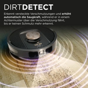 Shark Saugroboter RV2820VEEU mit DirtDetect-Technologie bei der Reinigung von Schmutz auf einem Holzboden.