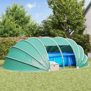 Blaues vidaXL Poolzelt Kuppel 640x432x205 cm im Garten.