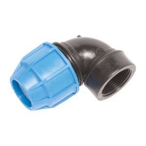 LUX-TOOLS 90°-Winkel für PE-Rohre, 32 mm, Kaltwassersystem, aus schwarzem und blauem Kunststoff.