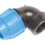 LUX-TOOLS 90°-Winkel für PE-Rohre, 32 mm, Kaltwassersystem, aus schwarzem und blauem Kunststoff.