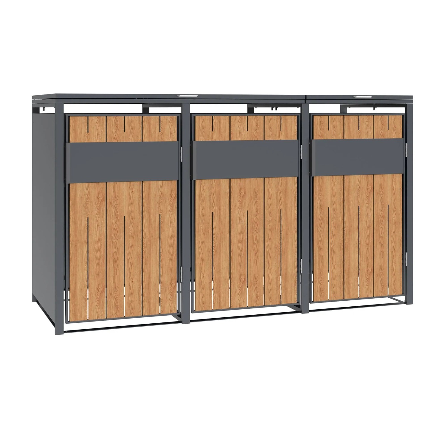 Westmann Mülltonnenbox Varius 3 für 3 Tonnen, anthrazitfarbener Stahl mit Holzoptik-Fronten. Modernes Design.