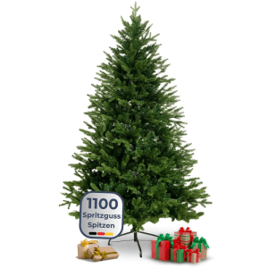 DELUKE künstlicher Weihnachtsbaum 220cm mit Lichterkette und Baumständer, geschmückt mit Geschenken.