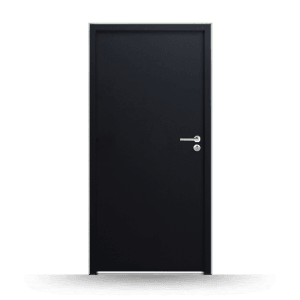 Anthrazitfarbene FM Tür NBT56, Modell 07, 1000x2100 mm, mit Drückergarnitur. Nebeneingangstür.