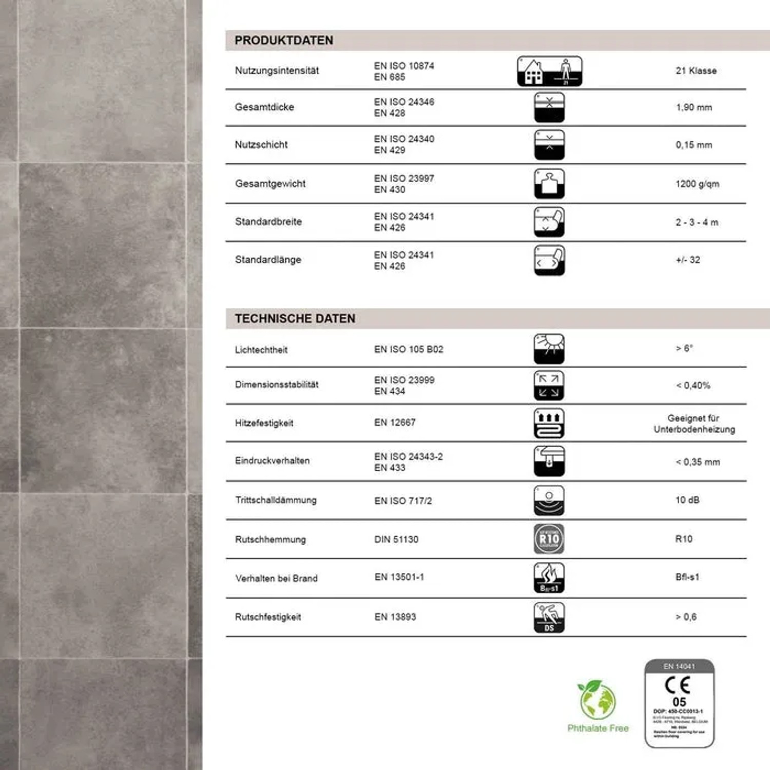 Detailansicht Karat CV Boden Atlantic Zala 997M, Fliesenoptik, technische Daten.