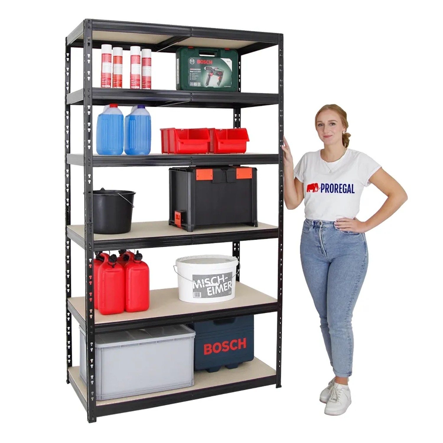 Schwarzes PROREGAL Schwerlastregal Giant Tiger XL mit 6 Ebenen und diversen Gegenständen.